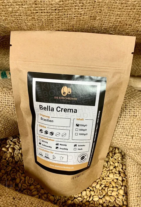 Bella Crema in der originalen Kirschbohne-Kaffeetüte auf Rohkaffee